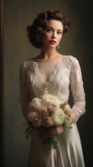 A woman in a white dress is holding a bouquet of flowers