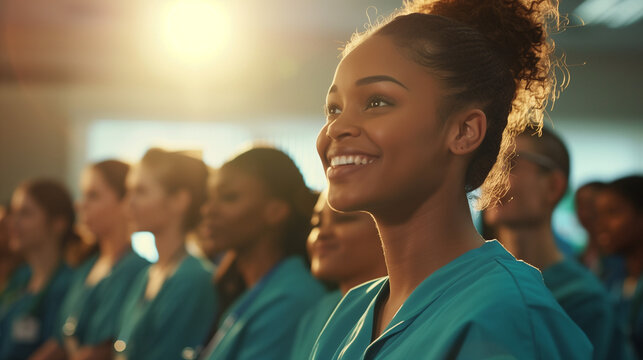 A dynamic photograph capturing nurses from various ethnicities and age groups in education and professional development activities learning on National Nurses Day.