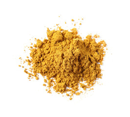 Pile of dry curry powder isolated on white, above view