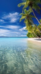 A beautiful beach scene with palm trees and a clear blue ocean