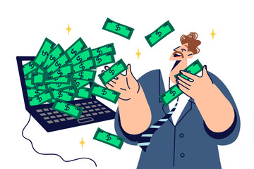 Rich man freelancer gets lot of money for working on internet, stands near laptop with dollars