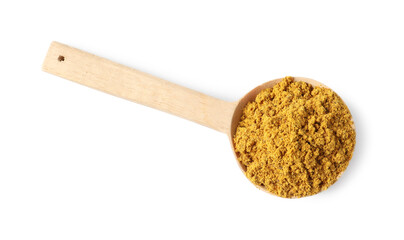 Spoon with dry curry powder isolated on white, top view