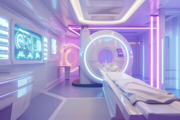 Futuristic hospital room with advanced medical technology and neon lighting