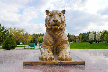 Memorial of the Caspian Tiger in Samarkand (Amir Temur Park), Uzbekistan - Extinct species of...