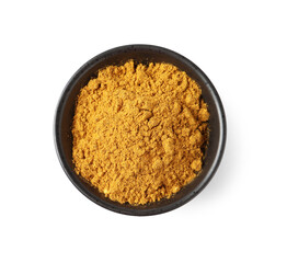 Dry curry powder in bowl isolated on white, top view