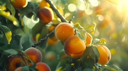 Golden sunlight filters through leaves, highlighting ripe apricots. A fresh, organic fruit harvest on a warm summer day. Nature's bounty captured in vibrant colors. AI