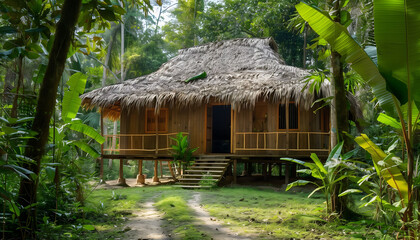 Fototapeta na wymiar Small primitive house made of wood with a thatch roof, in the middle of a jungle
