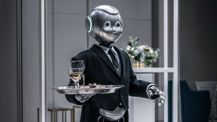 Sophisticated robot butler in a suit serving wine and hors d'oeuvres, depicting luxury service and advanced hospitality technology