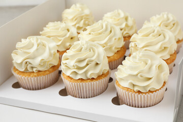 Tasty cupcakes with vanilla cream in box, closeup