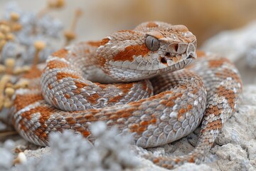 Obraz premium Western Diamondback Rattlesnake: Coiled in a defensive posture, rattling its tail, emphasizing danger. 