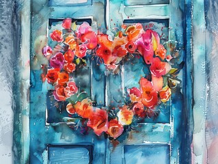 Heart shape arranged with bright red flowers. Hang it on the old wooden door. Use for wallpaper, posters, postcards, brochures.