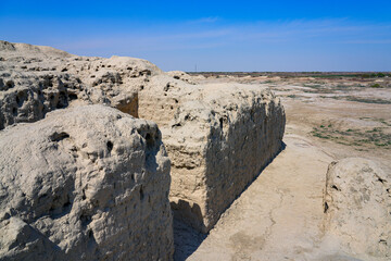 Ruins of the ancient Sogdian capital of Varakhsha, founded in the 1st century BCE in the Bukhara Oasis in the Kyzylkum Desert, Uzbekistan, Central Asia - obrazy, fototapety, plakaty