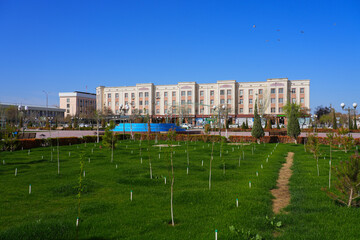 Soviet residential buildings in downtown Nukus, the capital of Karakalpakstan in western Uzbekistan, Central Asia