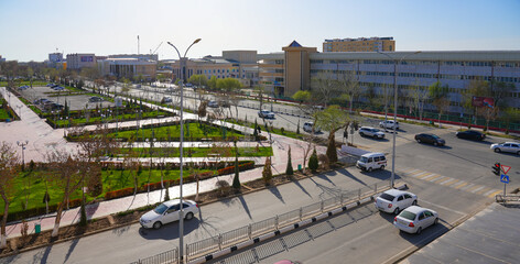 Aerial view of an intersection in downtown Nukus, the capital of Karakalpakstan in western Uzbekistan, Central Asia