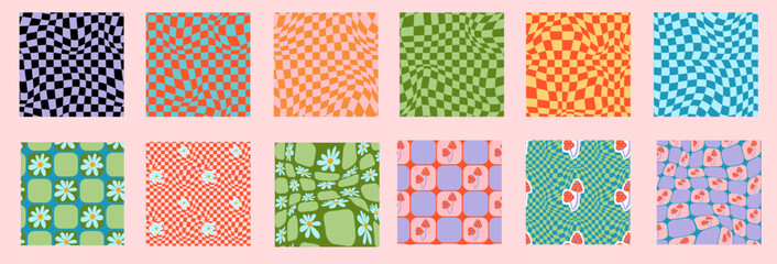 Psychedelic checkerboard and daisy background set. Wavy vector illustrations, trendy psychedelic style and groovy color checkerboard.