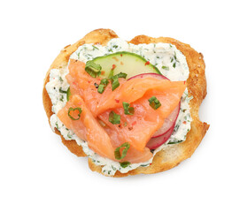 Tasty canape with salmon, cucumber, radish and cream cheese isolated on white, top view