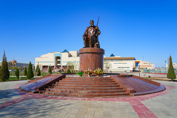 Statue of the Uzbek poet Ajiniyaz Kosibay Uli on the public square in front of the Nukus Museum of Art or Igor Savitsky Museum in the capital of Karakalpakstan, western Uzbekistan, Central Asia