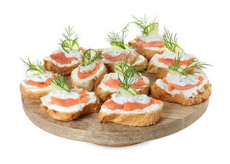 Tasty canapes with salmon, cucumber, cream cheese and dill isolated on white