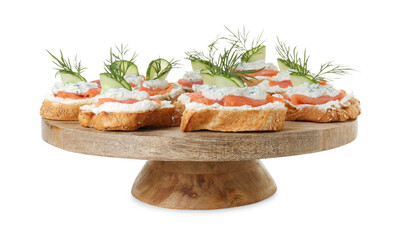 Tasty canapes with salmon, cucumber, cream cheese and dill isolated on white