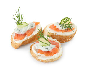 Tasty canapes with salmon, cucumber, cream cheese and dill isolated on white