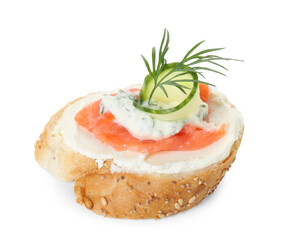 Tasty canape with salmon, cucumber, cream cheese and dill isolated on white