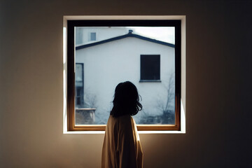 女, 女性, 後ろ姿, 佇む女性, 窓, 窓際, 外を眺める女性, Woman, female, back view, standing, woman, window, looking out
