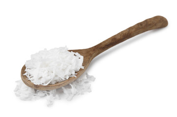 Coconut flakes in wooden spoon isolated on white