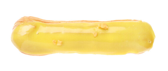Delicious eclair covered with yellow glaze isolated on white