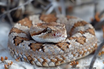 Western Diamondback Rattlesnake: Coiled in a defensive posture, rattling its tail, emphasizing danger. 