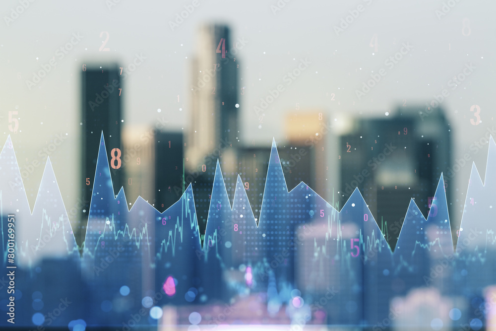 Poster double exposure of abstract virtual statistics data hologram on blurry cityscape background, statist