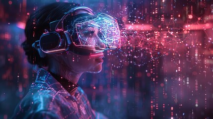 Vivid composition of a person wearing a brain-computer interface, surrounded by floating digital data - obrazy, fototapety, plakaty