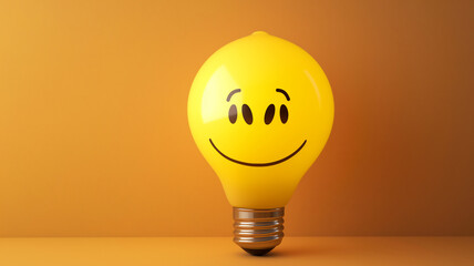 Smiling lightbulb on an orange background, representing ideas and positivity.