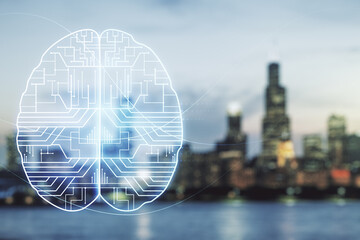 Virtual creative artificial Intelligence hologram with human brain sketch on blurry skyscrapers background. Double exposure