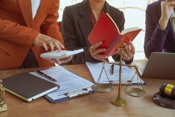A group of lawyers and clients engage in a professional meeting at a law office, discussing...