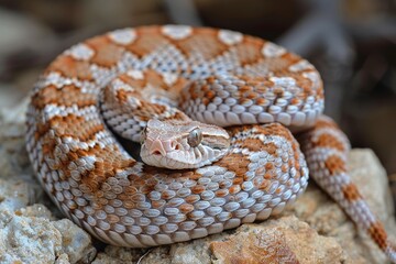 Fototapeta premium Western Diamondback Rattlesnake: Coiled in a defensive posture, rattling its tail, emphasizing danger. 