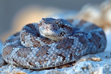 Fototapeta premium Western Diamondback Rattlesnake: Coiled in a defensive posture, rattling its tail, emphasizing danger. 