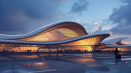 Ultra-modern airport terminal with sweeping curves and expansive glass walls
