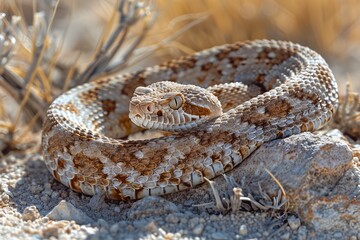 Obraz premium Western Diamondback Rattlesnake: Coiled in a defensive posture, rattling its tail, emphasizing danger. 