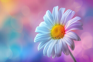 Fototapeta premium Single daisy with a bright yellow center against a blurred multicolored background