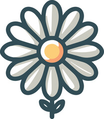 A simple cartoon daisy with white petals, a yellow center, and a dark green stem.