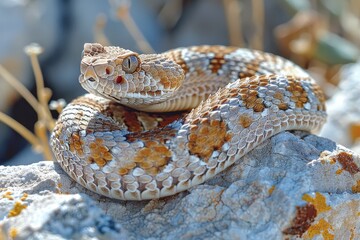 Western Diamondback Rattlesnake: Coiled in a defensive posture, rattling its tail, emphasizing danger. 