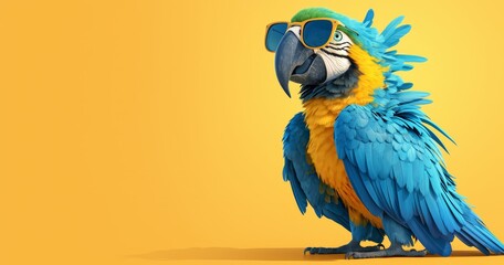 A parrot wearing sunglasses isolated on orange background with copy space
