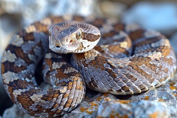 Fototapeta premium Western Diamondback Rattlesnake: Coiled in a defensive posture, rattling its tail, emphasizing danger. 