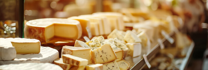 A delectable array of fine cheeses basks in a warm glow, inviting gastronomic exploration and indulgence