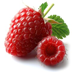 A close-up image of a pair of red raspberries on a white background.