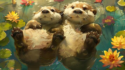 two happy cartoon otters, on their backs floating in water hugging, bright, vibrant colored background