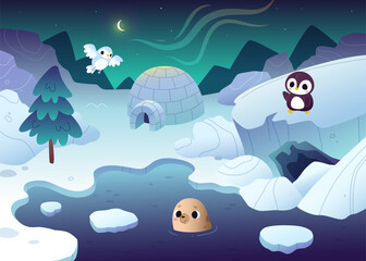 Cartoon polar night landscape with cute baby animals. Antarctic vector background with funny animals.