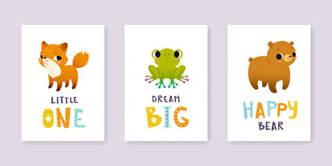 Cute baby animals poster set. Cartoon prints collection with animals.