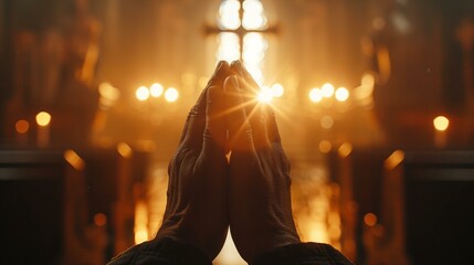 Naklejka premium Hands praying and worship of cross, person praying in church, fire illuminated home interior dusk leisure activity