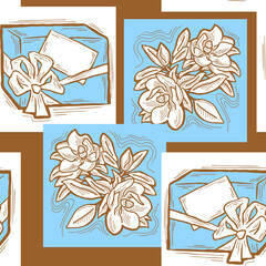 Gift box, ribbon and flowers seamless vector pattern for wrapping present with bow, party celebration, sale promotion, Textile print, fabric design, banner background. Hand drawn style illustration.
